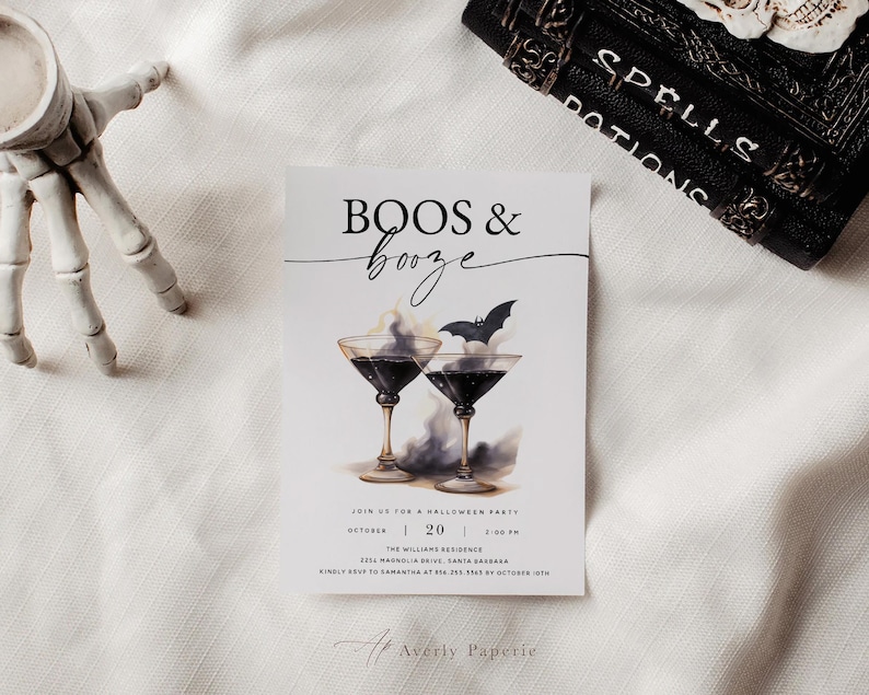 Boos and booze halloween invitation template with black martini and bat.