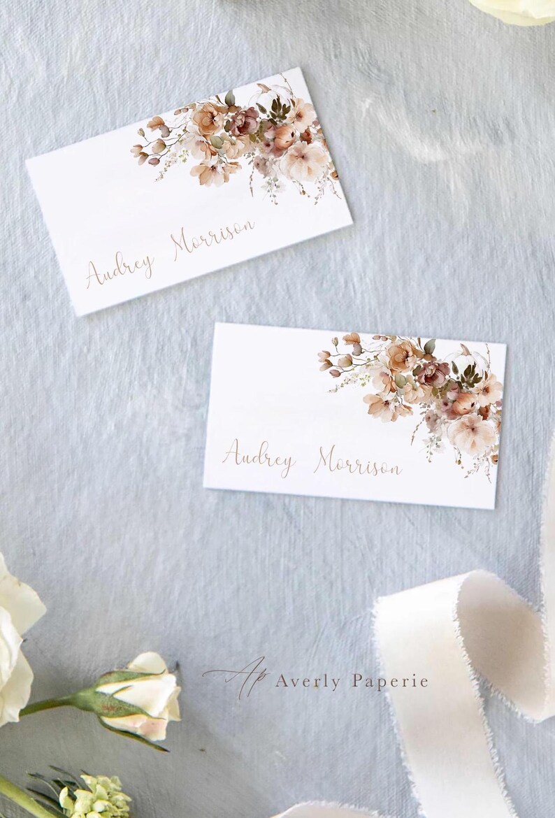 Thanksgiving Place Card Template, Fall Holiday Name Card W/ Floral Arch