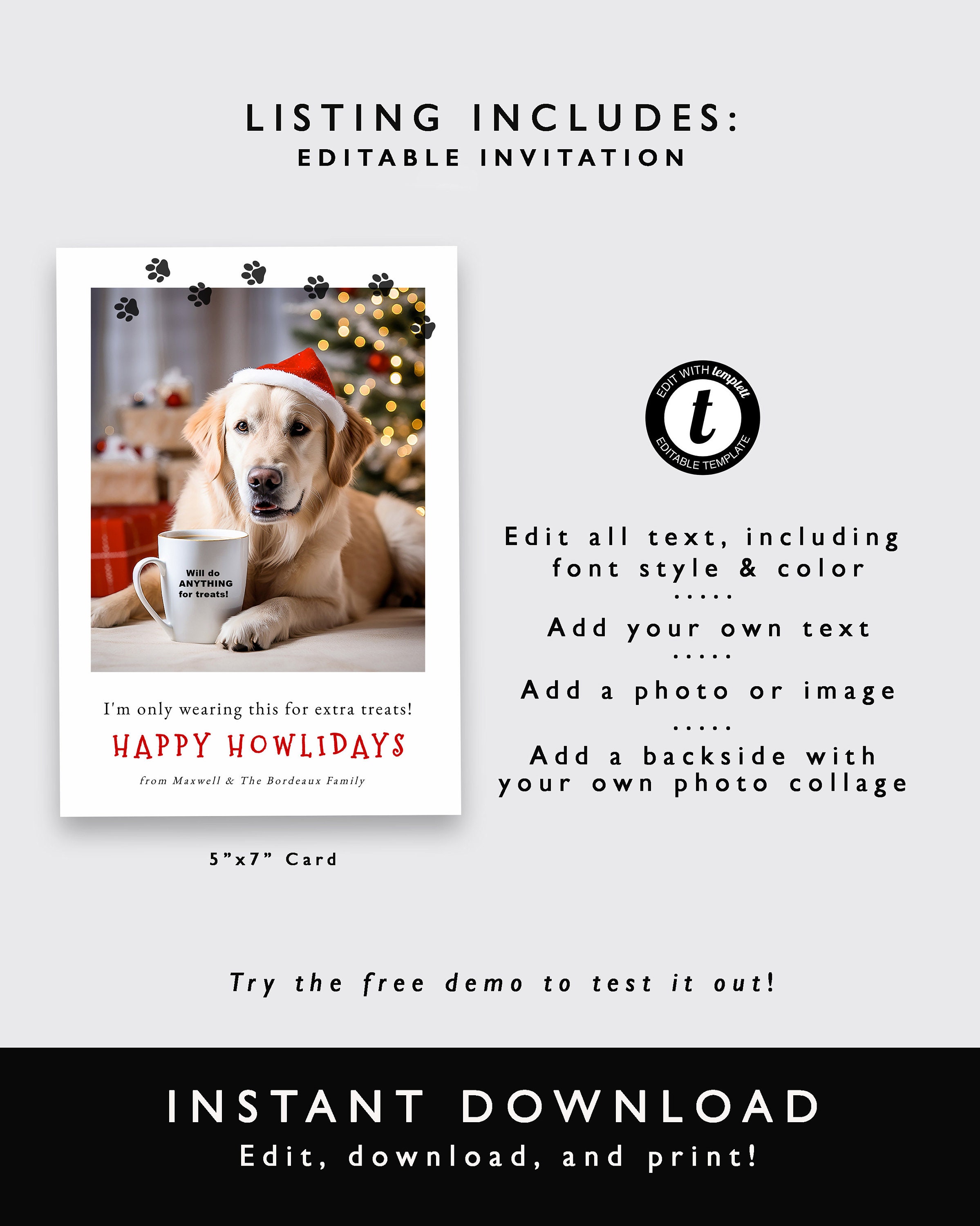 Dog Photo Christmas Card Template, Happy Howlidays Pet Holiday Card ...