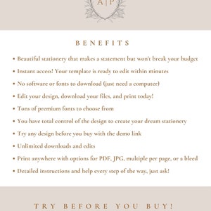 May include: A list of benefits for purchasing a digital stationery template. The benefits include instant access, unlimited downloads, and the ability to edit the template with a computer. The text also includes the phrase "Try before you buy!" and encourages the user to see the listing description for a demo link.