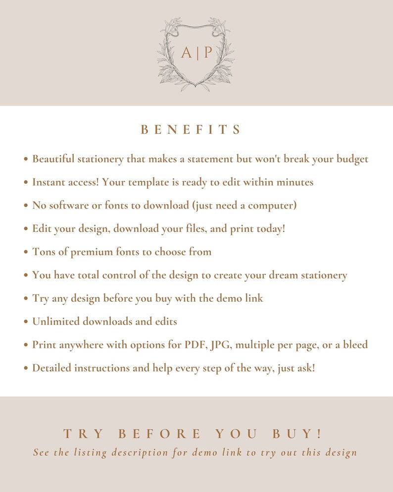 May include: A list of benefits for purchasing a digital stationery template. The benefits include instant access, unlimited downloads, and the ability to edit the template with a computer. The text also includes the phrase "Try before you buy!" and encourages the user to see the listing description for a demo link.