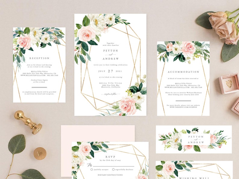 Geometric Wedding Invitation Template, Boho Wedding Invite Template, Wedding Invitation Template Download Faux Gold Invite Suite Kit, mcd600 image 2