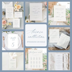 Simple Wedding Invitation Bundle, Elegant Calligraphy Wedding Set in French Blue Template, You Edit in Templett, Instant Download, Aurora
