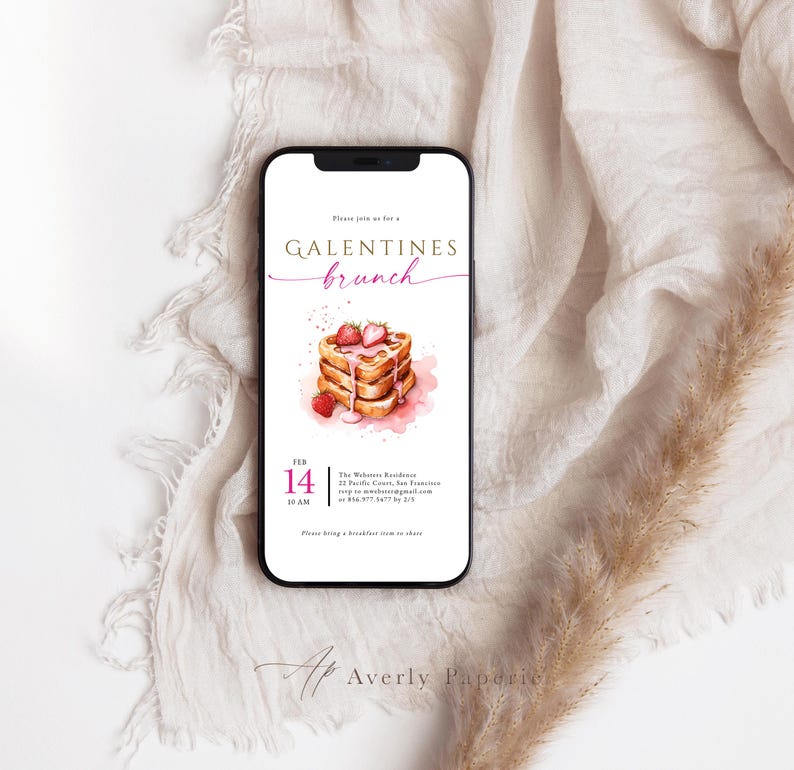 Galentine invitation mobile with heart waffles and hot pink text.