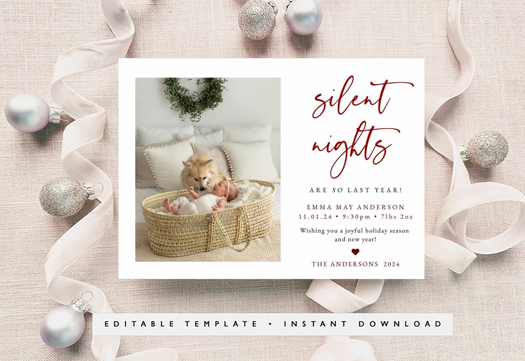 New Baby Announcement Holiday Card Template, Silent Nights Are so Last