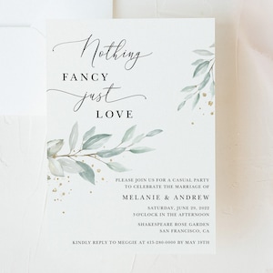 Nothing Fancy Just Love Elopement Celebration Party Invitation Announcement with Boho Watercolor Greenery and Gold, Template #MCD501