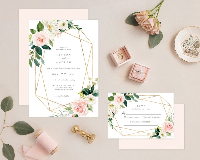 Geometric Wedding Invitation Template, Boho Wedding Invite Template, Wedding Invitation Template Download Faux Gold Invite Suite Kit, mcd600 image 3