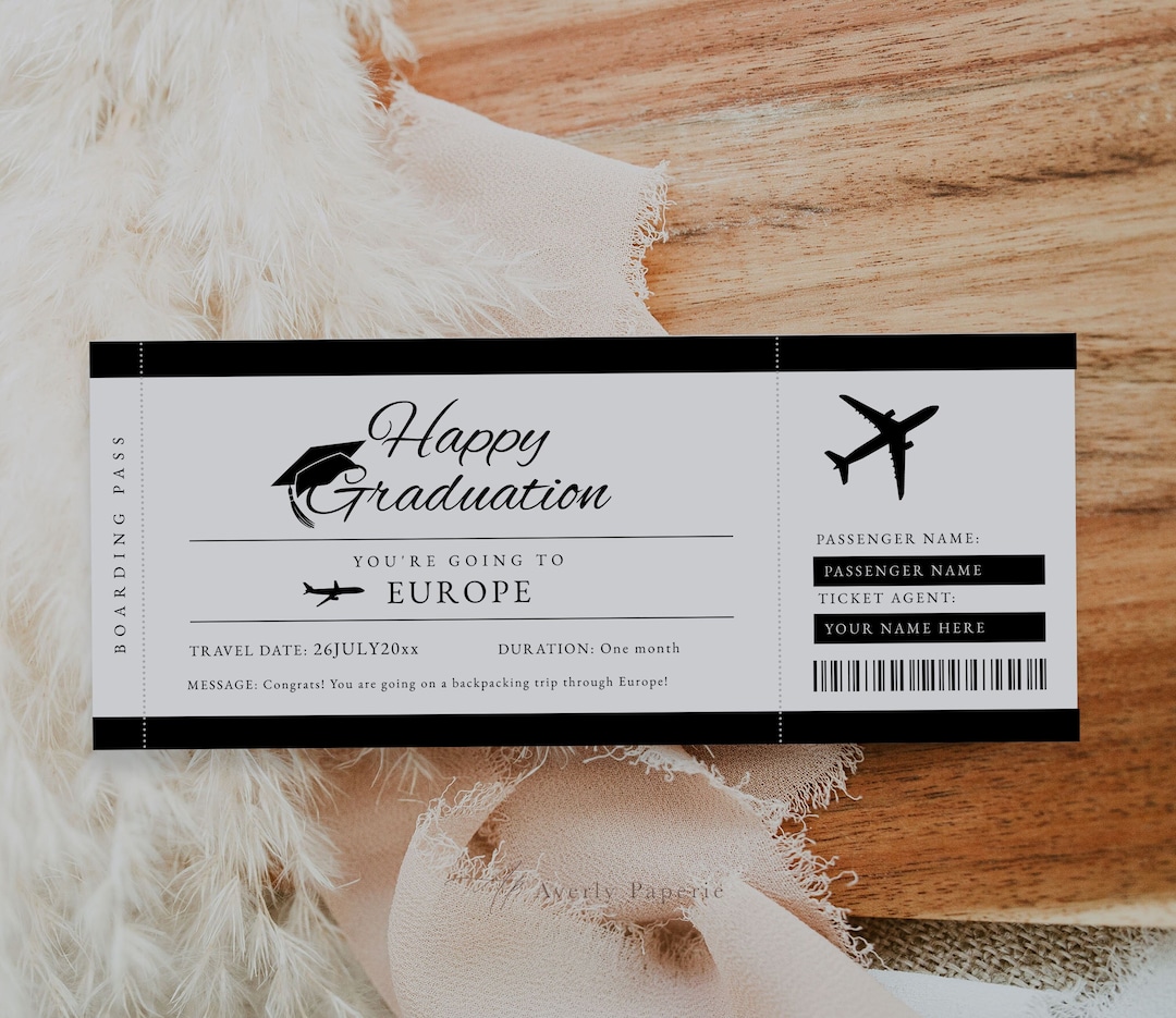 Editable Airline Ticket Coupon, Fun Graduation Airline Ticket Gift for