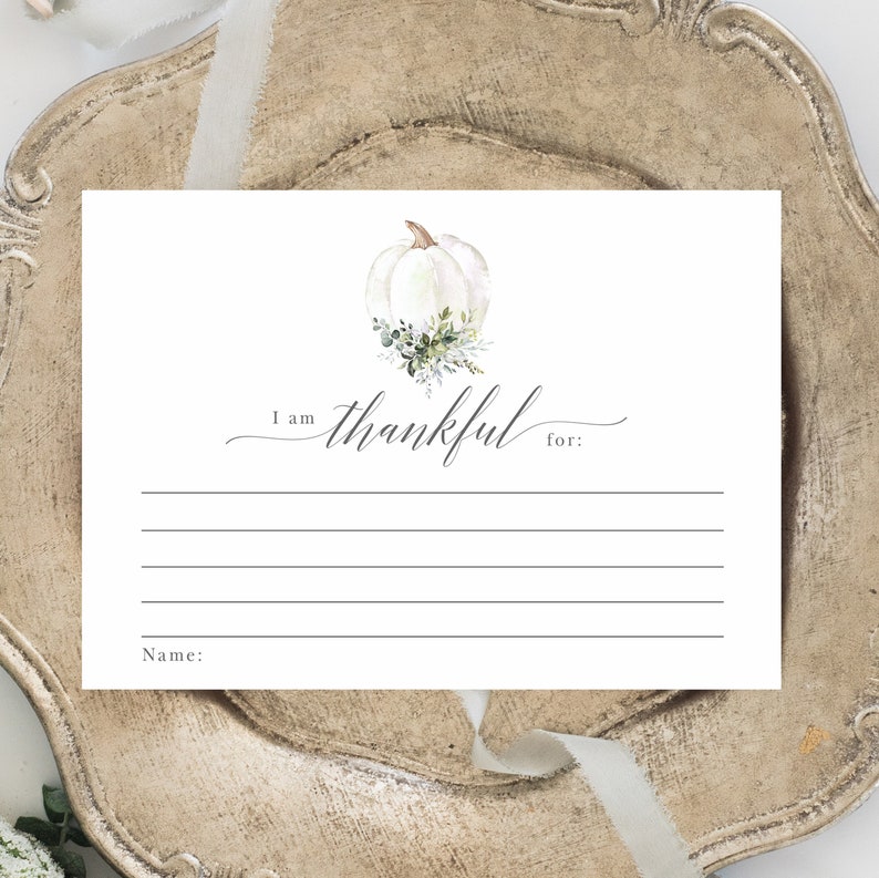 Friendsgiving or Thanksgiving Thankful Card, Thankful For Cards With Pumpkin in Dusty Blue, Editable Gratitude Cards, Download #MCD1128 bild 1