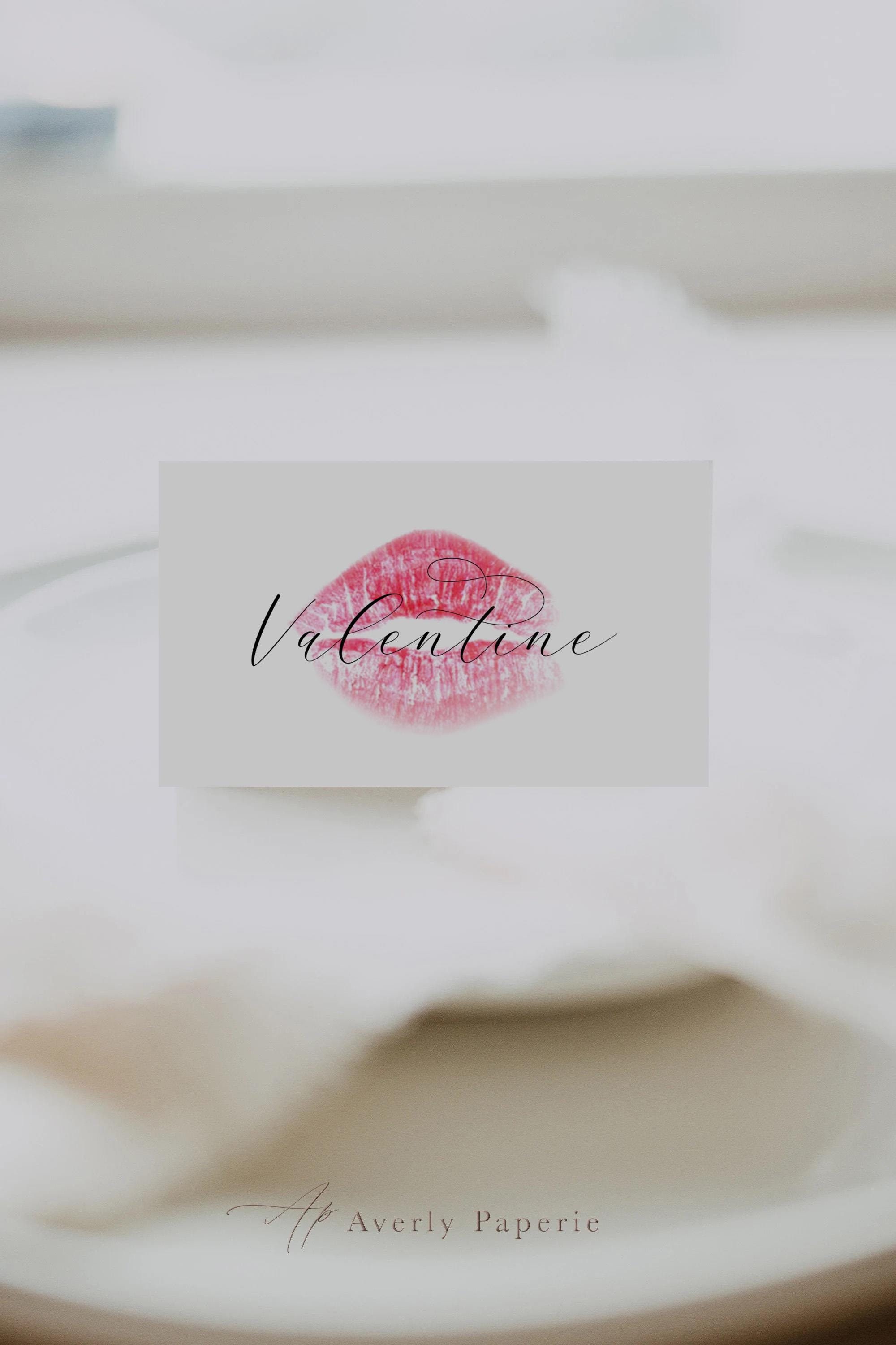 Galentine's Day Place Card Template, Hot Pink Kiss Mark Name Card Tented and Folded, Valentine Dinner Party Place Setting