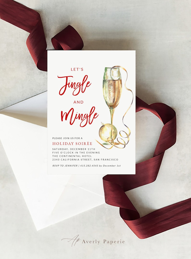 K&ouml;nnte beinhalten: Eine wei&szlig;e Einladungskarte mit rotem Text, der "Let's Jingle and Mingle" lautet, mit einer Aquarell-Illustration einer Champagnerfl&ouml;te und einer goldenen Kugel. Der Text enth&auml;lt auch Details f&uuml;r eine Weihnachtsfeier am 11. Dezember im Continental Hotel in San Francisco.