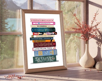 CUSTOM BOOK STACK Print: Personalised Book Spine Painting, Digital Book Stack Wall Art, Gift for Teacher, Librarian Gift, Custom Book Art,