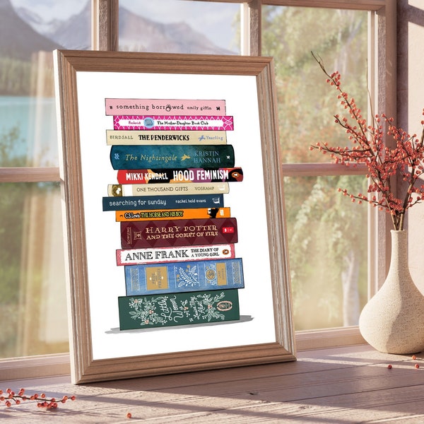 CUSTOM BOOK STACK Print: Personalised Book Spine Painting, Digital Book Stack Wall Art, Gift for Teacher, Librarian Gift, Custom Book Art,