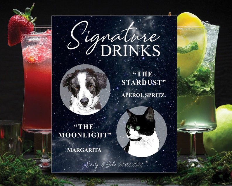 Signature Cocktail Drink Sign with Pet for Wedding Reception, Wedding Bar Menu, Drink Sign with Pet, Wedding Sign for Bar, Pet Portrait image 9