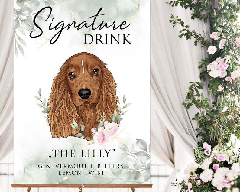 Signature Cocktail Drink Sign with Pet for Wedding Reception, Wedding Bar Menu, Drink Sign with Pet, Wedding Sign for Bar, Pet Portrait image 3