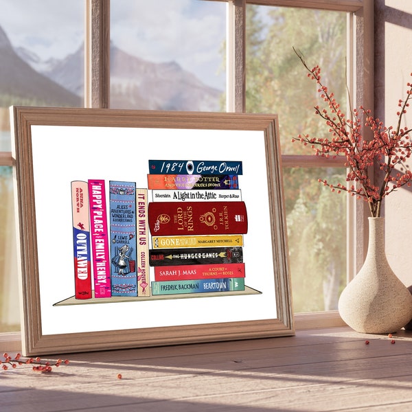 Personalised Bookshelf: Custom Book Spine Art Painting, Book Stack Wall Art, Book Tower, Custom Book Stack Digital Artwork, Book Art