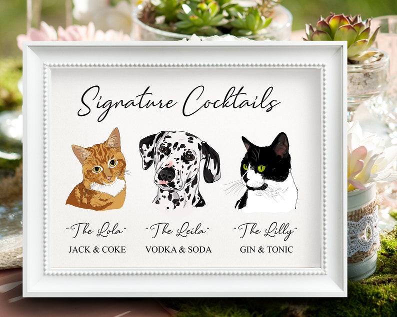 Signature Cocktail Drink Sign with Pet for Wedding Reception, Wedding Bar Menu, Drink Sign with Pet, Wedding Sign for Bar, Pet Portrait image 2