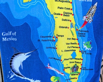 Vintage Florida Map Beach Towel: Gulf of Mexico, Gulf Coast, Kennedy Space Center, Dolphin, Flamingo (100% Cotton)