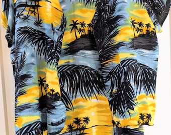 Size Large 12-14 2 Piece Set Hilo Hattie Hawaiian Sunset Rayon Tank Maxi Shift Dress & Top Shirt Vintage Late 80's Made in Hawaii USA