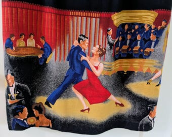 Vintage 90's Karin Stevens Novelty Jazz Dance Cocktail Club Print Misses Vintage Size 14 Fitted Black Shift Dress Knee Ballroom Made in USA