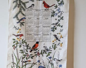 1984 Vintage Linen Calendar Tea Towel, Birds, Cardinal, Bluebird