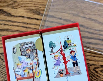 Mid Century Remembrance Playing Cards 2 Deck Set Plastic Box Children Design Outside Play and Before Bedtime Play Complete Made in USA