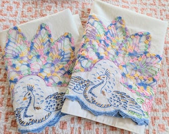 Embroidered + Crochet Vintage Pair Swan Romantic Kitchy Shabby Farmhouse Chic Bird Set of 2 Cotton 32" x 19 1/2"