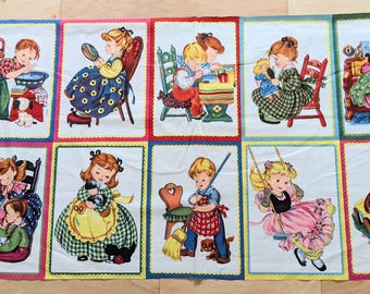 A Child's Life Reproduced by Michael Miller Quilting Cotton Panel 23" x 42" Original Copyright 1957 New Unwashed 10 Images 8 1/2" x 12"