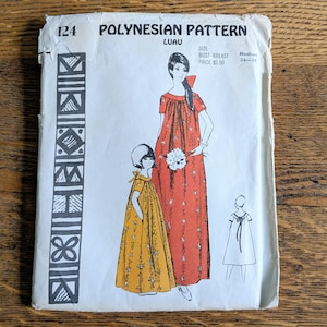 May include: A vintage sewing pattern envelope titled Polynesian Pattern Luau 124, featuring illustrations of two long dresses in orange and yellow with floral prints. The white paper envelope includes text for size medium, bust-breast 34-36, and a vertical black and white geometric border design.