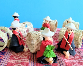 Set of 6 vintage 70's Folk Art Ecuador Peru Napkin Rings Polymer Clay Wicker Souvenir Trinket South American Flute and Blanket Andes