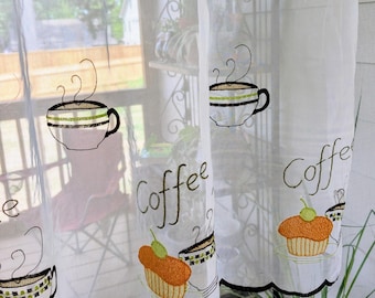 Embroidered Cafe Brasserie Coffee & Muffins Sheer Curtain Fabric 5 1/2 yard length, 18" Height Scallop Edge, Rod Holes
