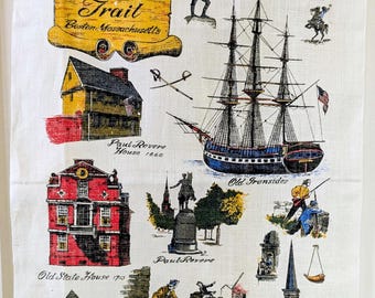 Kay Dee Linen Souvenir Towel Hand Print Freedom Trail Boston Massachusetts Historical Top Rod Dish Tea Farmhouse Warren Boucher Ship