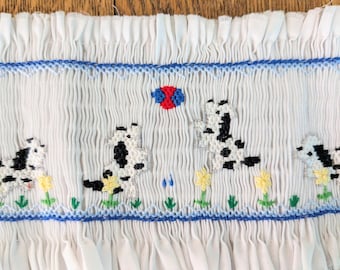 Vintage 90's Rosalina Philippines Cotton Smocked Dog Puppy Design Insert for Infant Child Clothing.