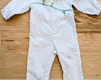 Vintage 70's-80's Size 24 Mo Baby Girl Rose Printed Corduroy One Piece Jumpsuit Romper Snap Leg Long Sleeve Zipper Back Rosettes & Piping