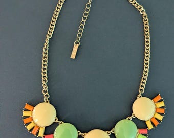 Mika Chunky Bright Citrus Set Glass Cabochon Necklace 17" with 3" Extension Gold Tone Signed Vintage Yellow Green Orange Melon Summer Resort
