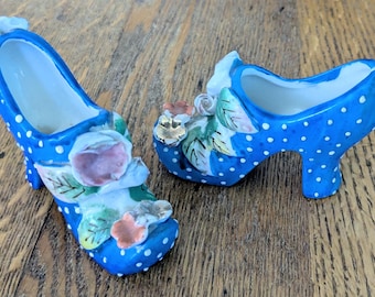 Set of 2 Mid Century Made in Japan Mini Hi Heel Shoes Porcelain Kitsch Trinket Succulent Planter Hand Painted