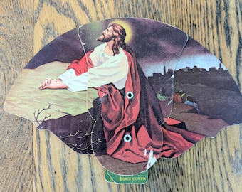 Vintage praying Jesus in the garden tri-fold fan.  Boyer Funeral Home Missouri "Licensed Lady Embalmer" 40's- 50's