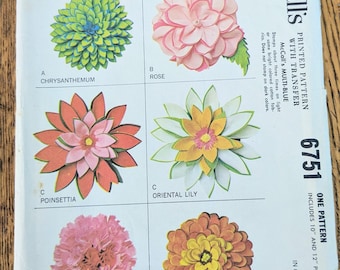 Vintage 1963 Felt Sculpted Flower Petal Pillow Pattern McCall's Pattern 6751 Uncut With Transfers 10" & 12" Pillow Cases