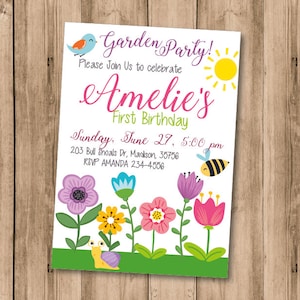 May include: A colorful invitation for Amelie's First Birthday, featuring a garden theme. The design includes a blue bird, a yellow sun, and a bee. The invitation text reads "Garden Party!" and includes the date, time, and location.