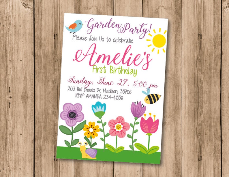May include: A colorful invitation for Amelie's First Birthday, featuring a garden theme. The design includes a blue bird, a yellow sun, and a bee. The invitation text reads "Garden Party!" and includes the date, time, and location.