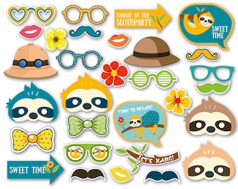 May include: A collection of sloth-themed photo booth props including paper glasses, mustaches, bow ties, hats, flowers, and speech bubbles with text reading Hangin at the Slothparty, Sweet Time, Time to Relax, and Let's Hang, featuring colourful designs.