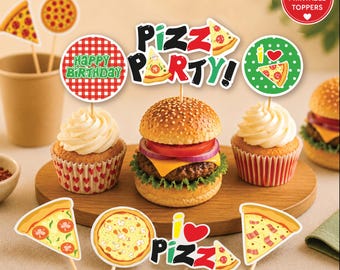 Adornos imprimibles para cupcakes de pizza / Decoraciones para fiestas de pizza / Palillos para comida de cumpleaños / Descarga instantánea en PDF