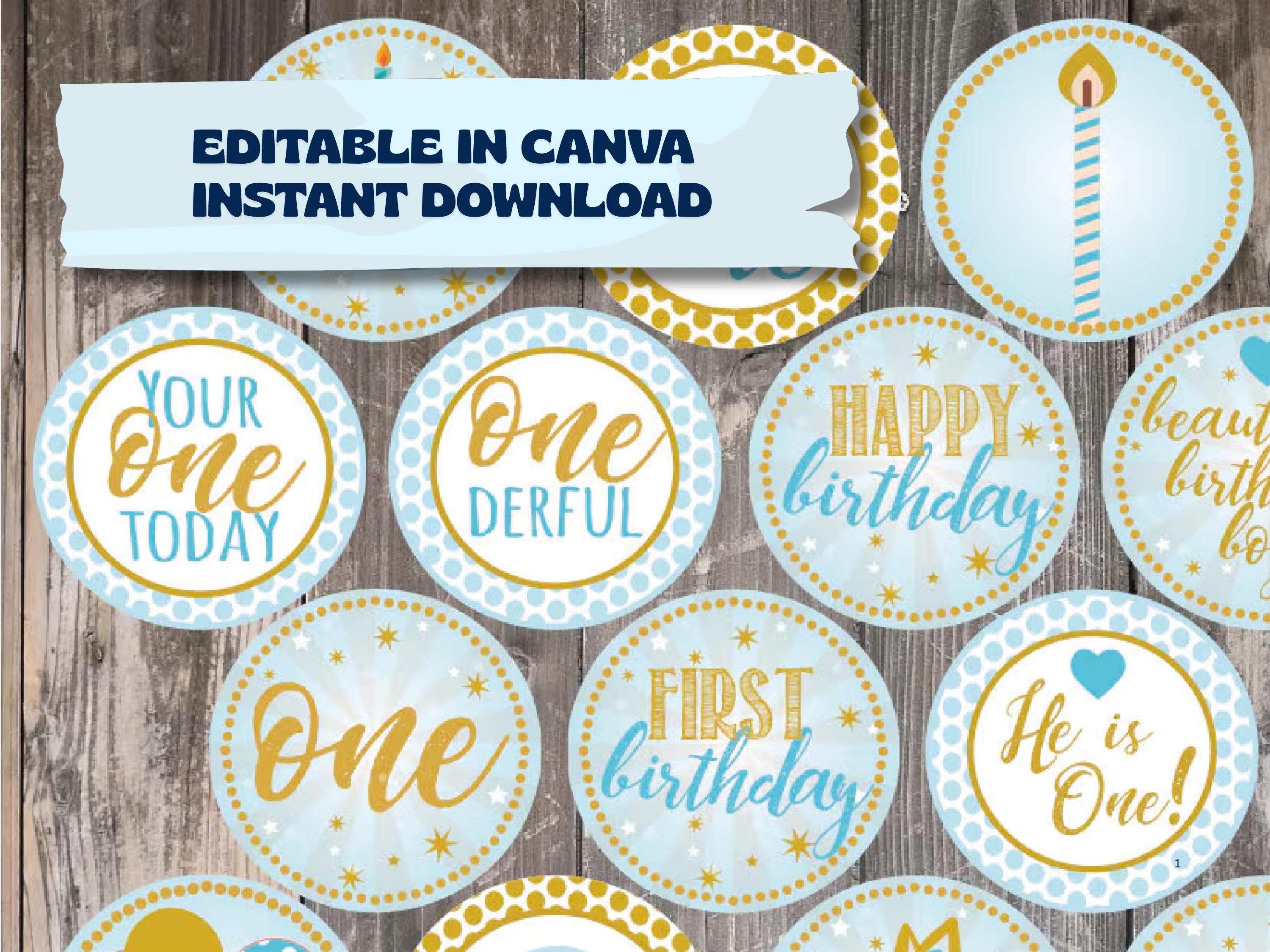 First Birthday Cupcake Toppers 1st Birthday Boy Blue and Gold Printable ...