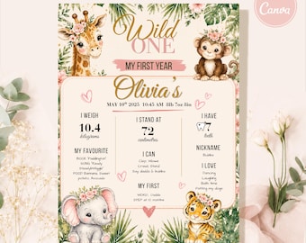 Wild One Milestone Template, Jungle Girl First Birthday Poster, Editable Canva Safari Party Sign, Pink Jungle Decor