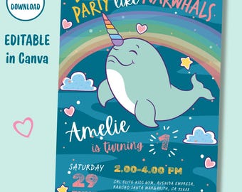May include: A digital party invitation card featuring a teal background with a cartoon narwhal, a rainbow, clouds, and stars. The text reads: Let's party like narwhals, Amelie is turning 1, Saturday 29 June, 2.00-4.00 PM, and event details.