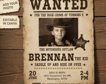 Personalized Wild West Birthday Invitation, Wanted Cowboy Photo Invite, Editable Canva Template, Western Party Decor, Digital Download
