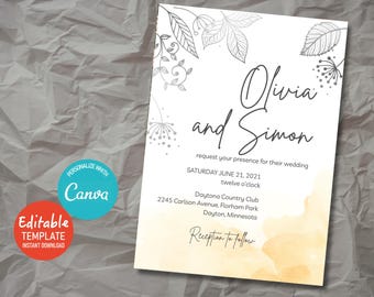 Minimalist Wedding Invitation Template, Editable Canva Invite, Modern Botanical Watercolor Wedding Printable 5x7