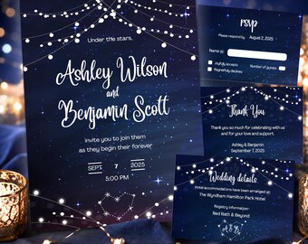 Starry Night Wedding Invitation Suite, Editable Canva Template, Navy Blue Celestial Wedding Invite, Printable Download