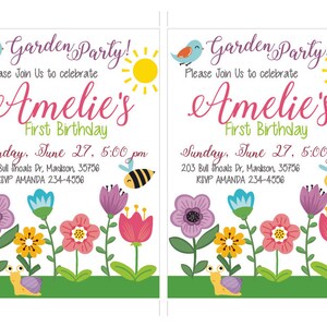 May include: Two identical invitations for a garden-themed first birthday party. The invitations feature colorful illustrations of flowers, a snail, a bee, a bird, and a sun. The text reads "Garden Party!" and "Amelie's First Birthday."