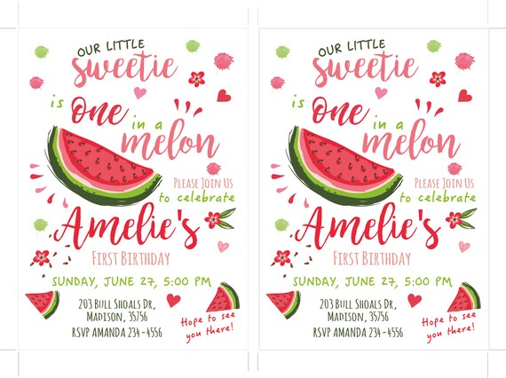 One In A Melon Baby Girl Birthday Invitation Little Sweetie Etsy One In A Melon Baby Girl Birthday Invitation Little Sweetie Etsy